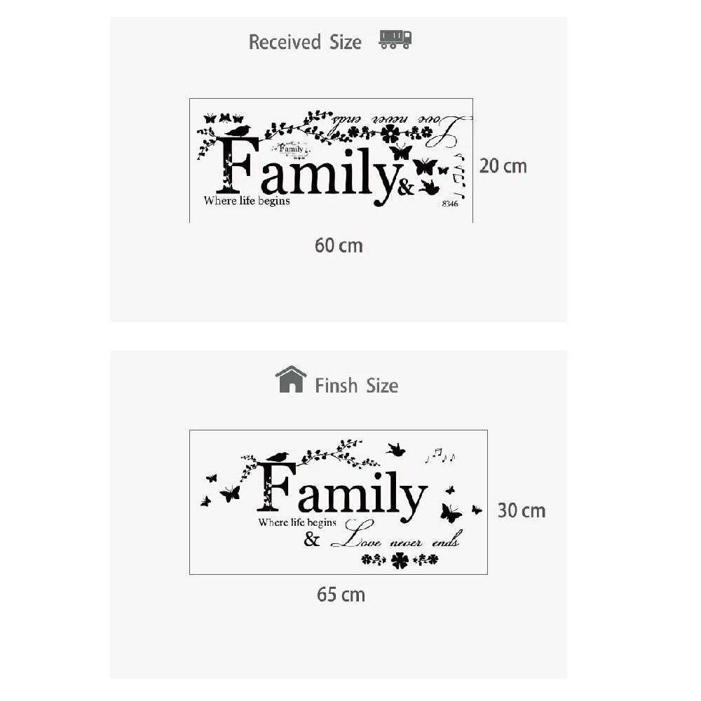 ملصق حائط من الفينيل مطبوع عليه عبارة "حب العائلة لا ينتهي أبدًا" مع حروف فنية وكلمات لتزيين المنزل وديكور الزفاف وغرفة المعيشة 801