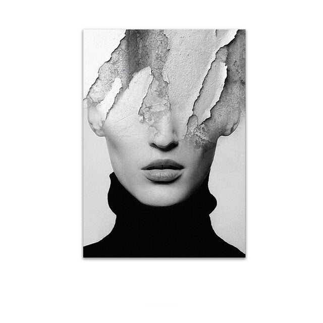 لوحة فنية جدارية من قماش مطبوع عليها اقتباسات من الرخام والموضة باللونين الأبيض والأسود لامرأة من الريش لتزيين غرفة المعيشة